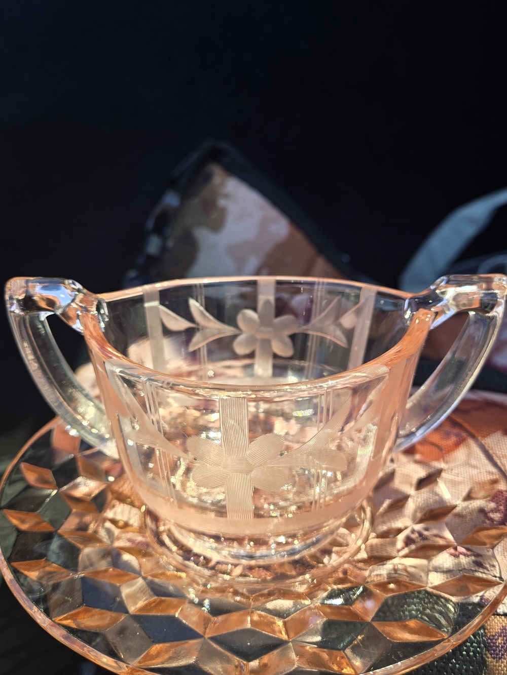 Vintage Pink Etched Glass Creamer and Saucer Set - Picture 2 of 7